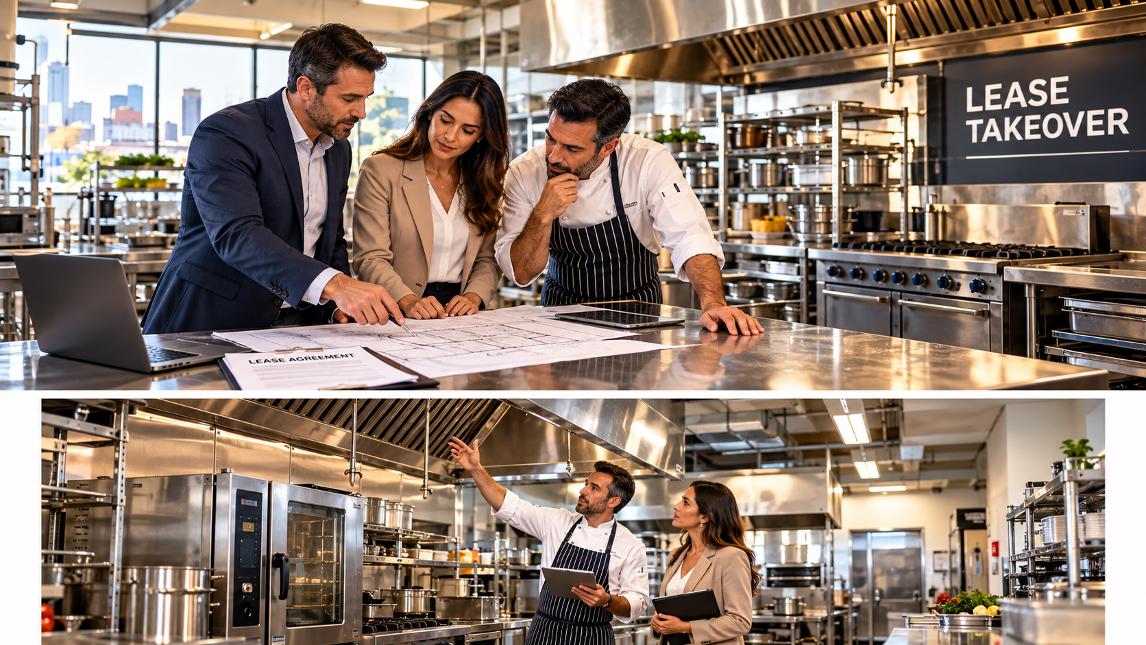 Buyer and inspector reviewing ventilation, lease documents and equipment during a commercial kitchen lease takeover