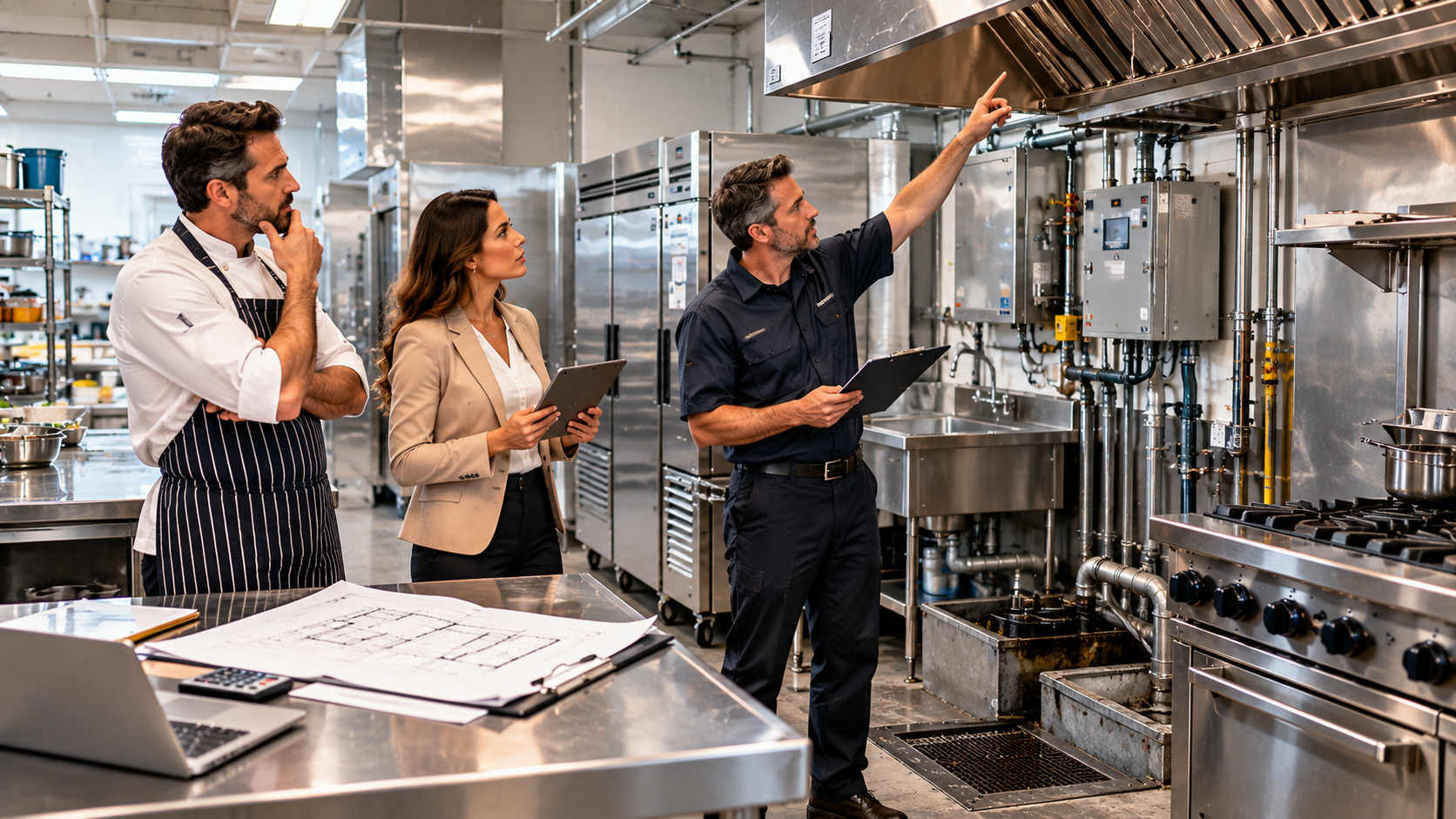 Restaurant operator reviewing a triple-net lease with a commercial kitchen inspection team