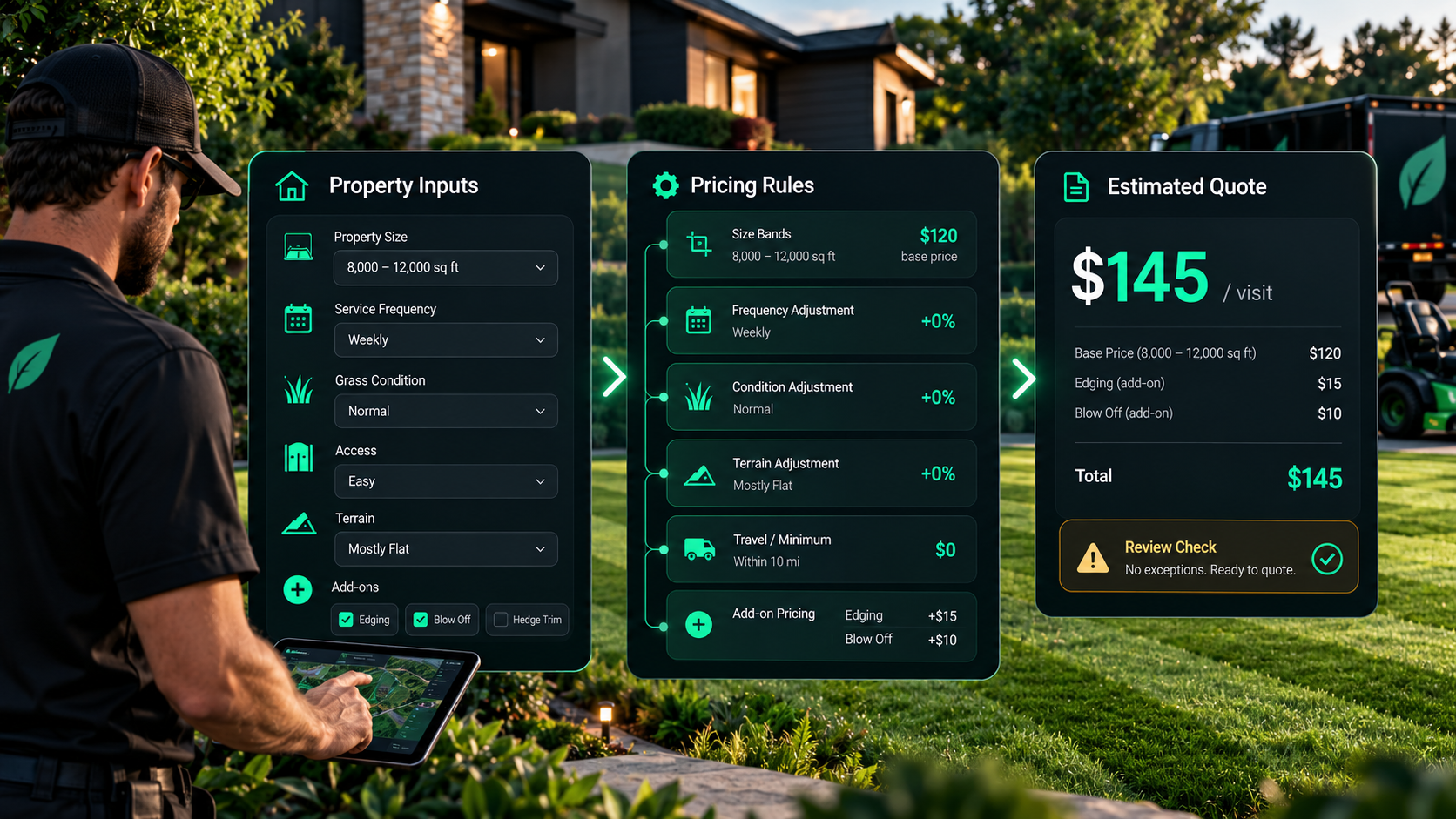 Lawn care pricing rules workflow from property inputs to calculated estimate