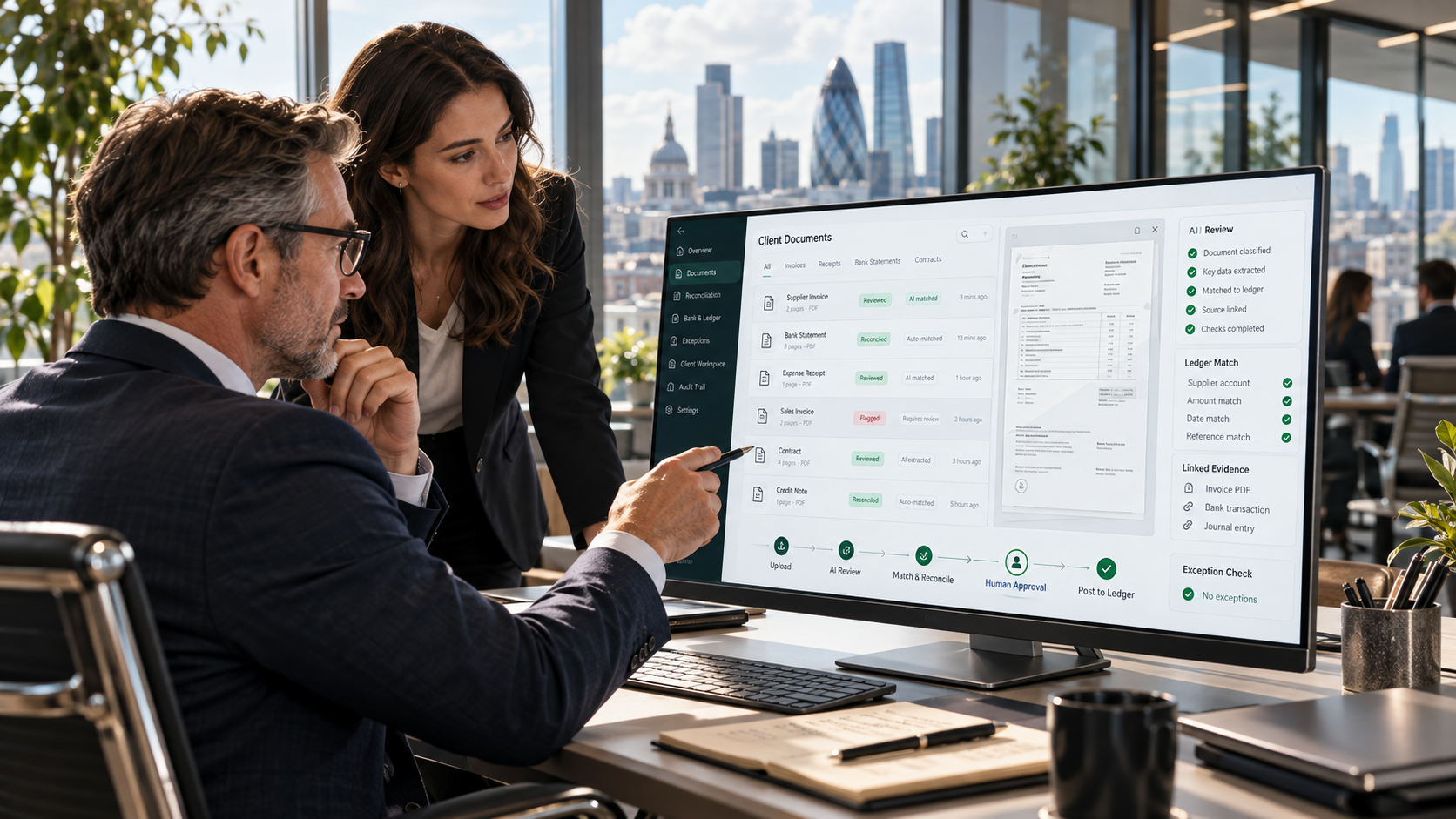 Accounting firm partners reviewing source-linked Accounting AI software in a modern London office