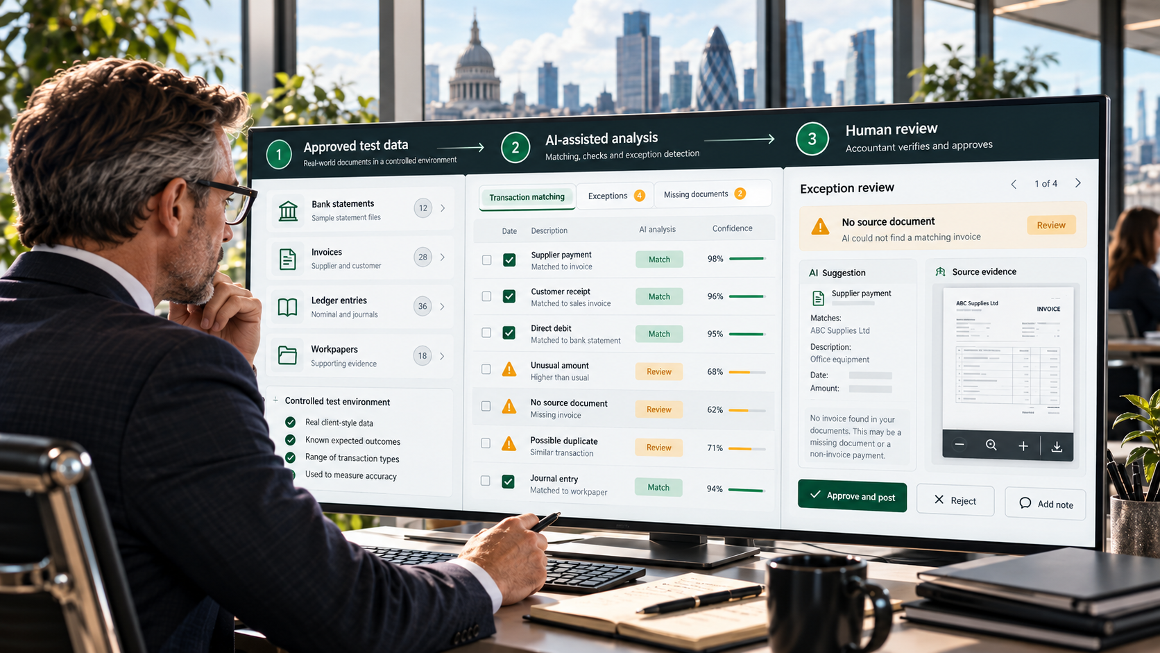 Accounting AI software accuracy pilot with controlled test data, transaction exceptions and accountant verification