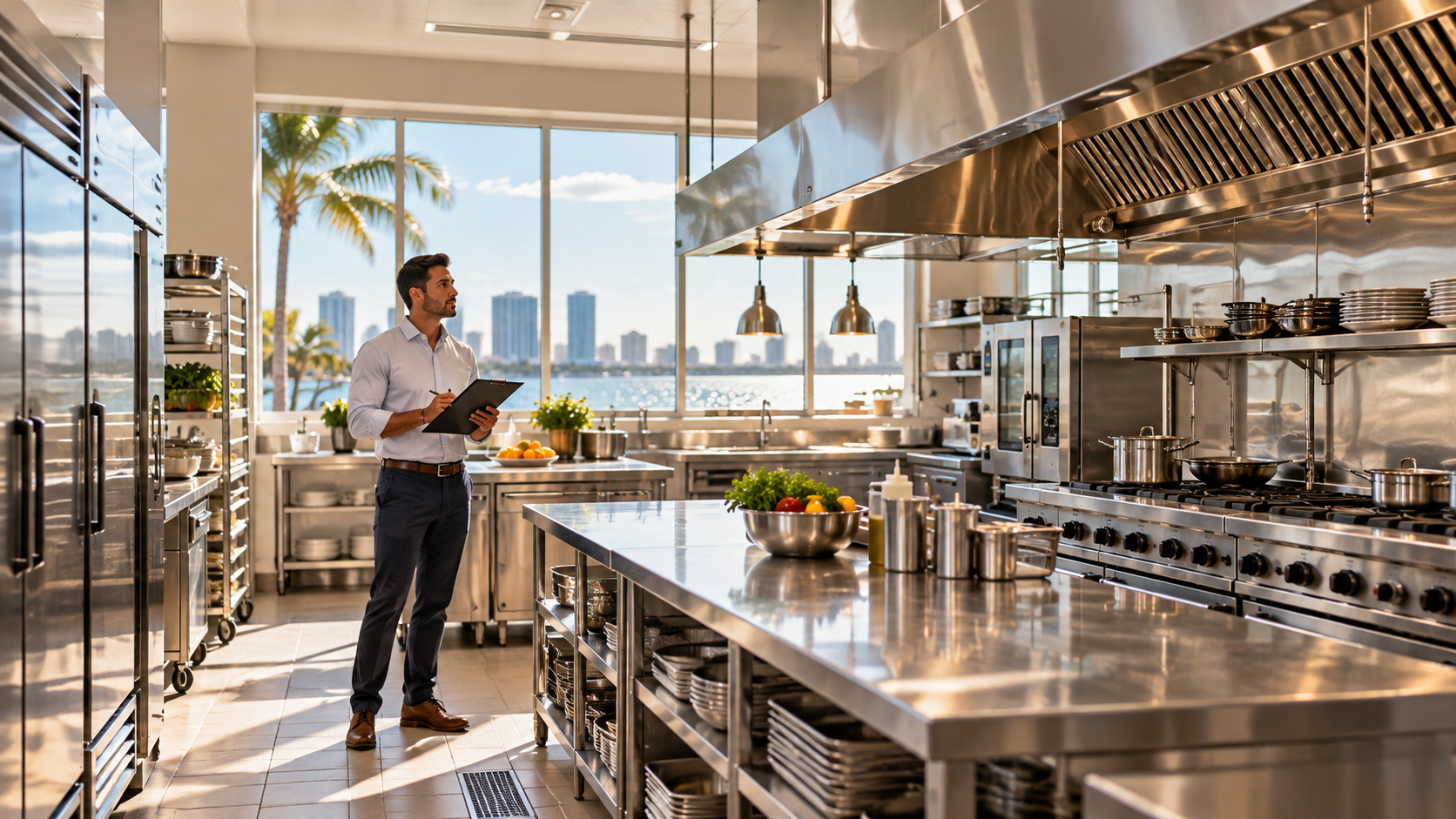 Buyer inspecting a fully equipped commercial kitchen in Florida before purchase