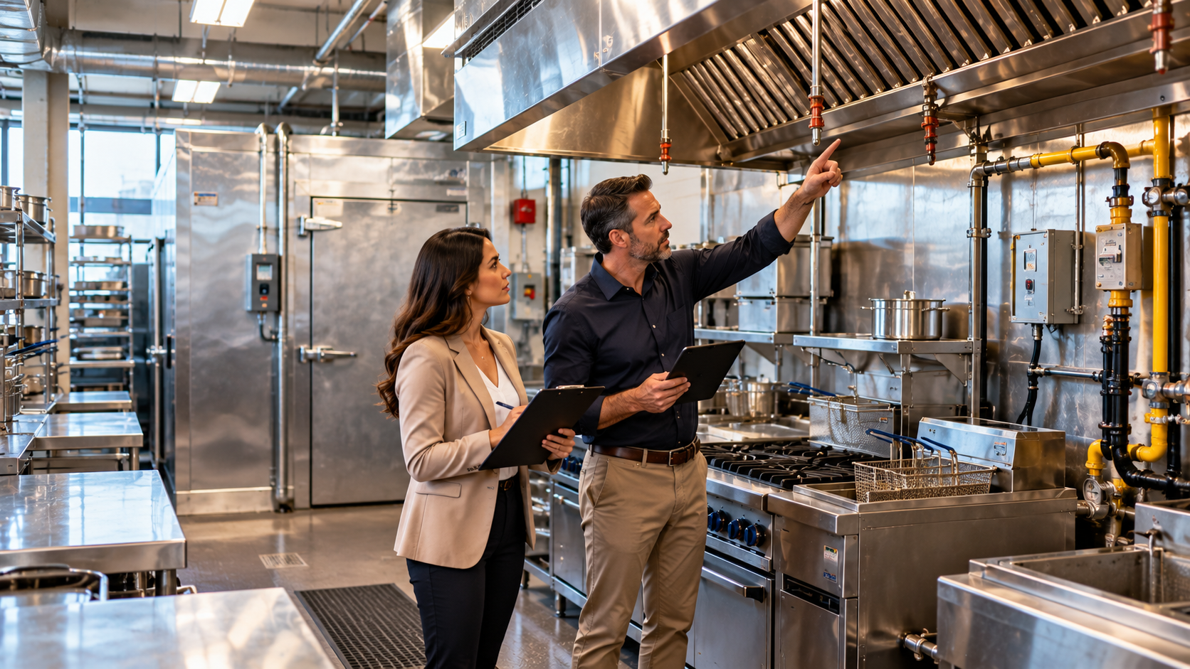California commercial kitchen buyer inspecting hood ventilation, refrigeration and utilities during due diligence