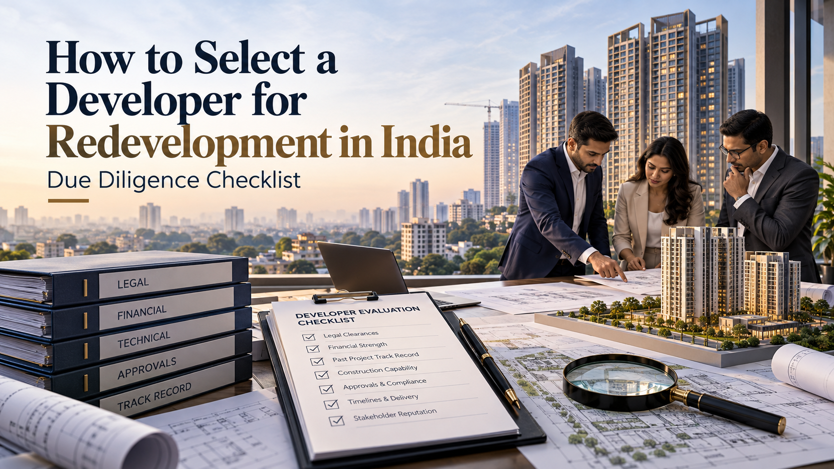 Developer due diligence for redevelopment in India showing professionals reviewing project plans, legal, financial, technical and approval records