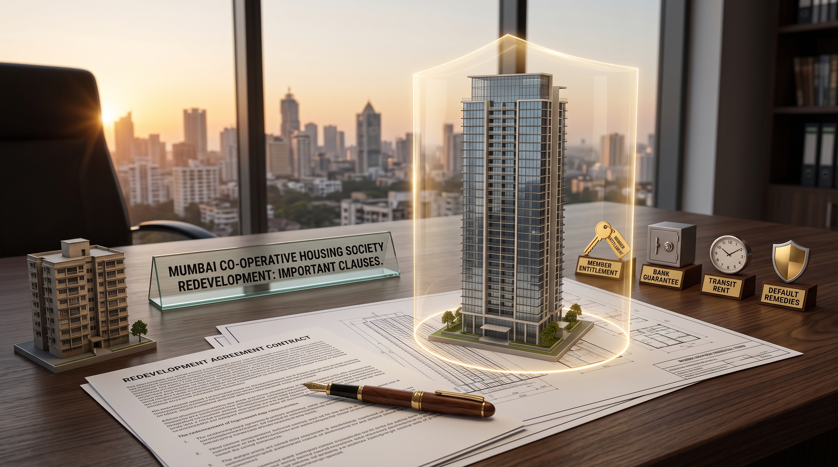 Housing society redevelopment agreement review showing members and professionals reviewing important Development Agreement clauses