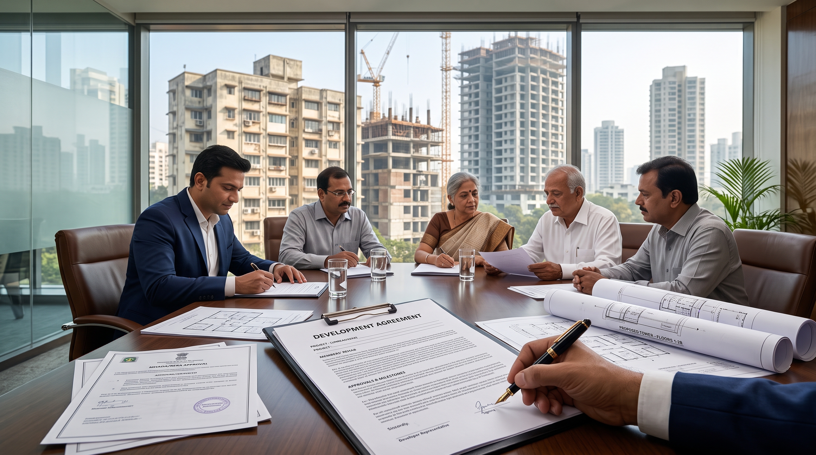 Development Agreement review for Maharashtra housing society redevelopment with members, professionals, plans and project documents