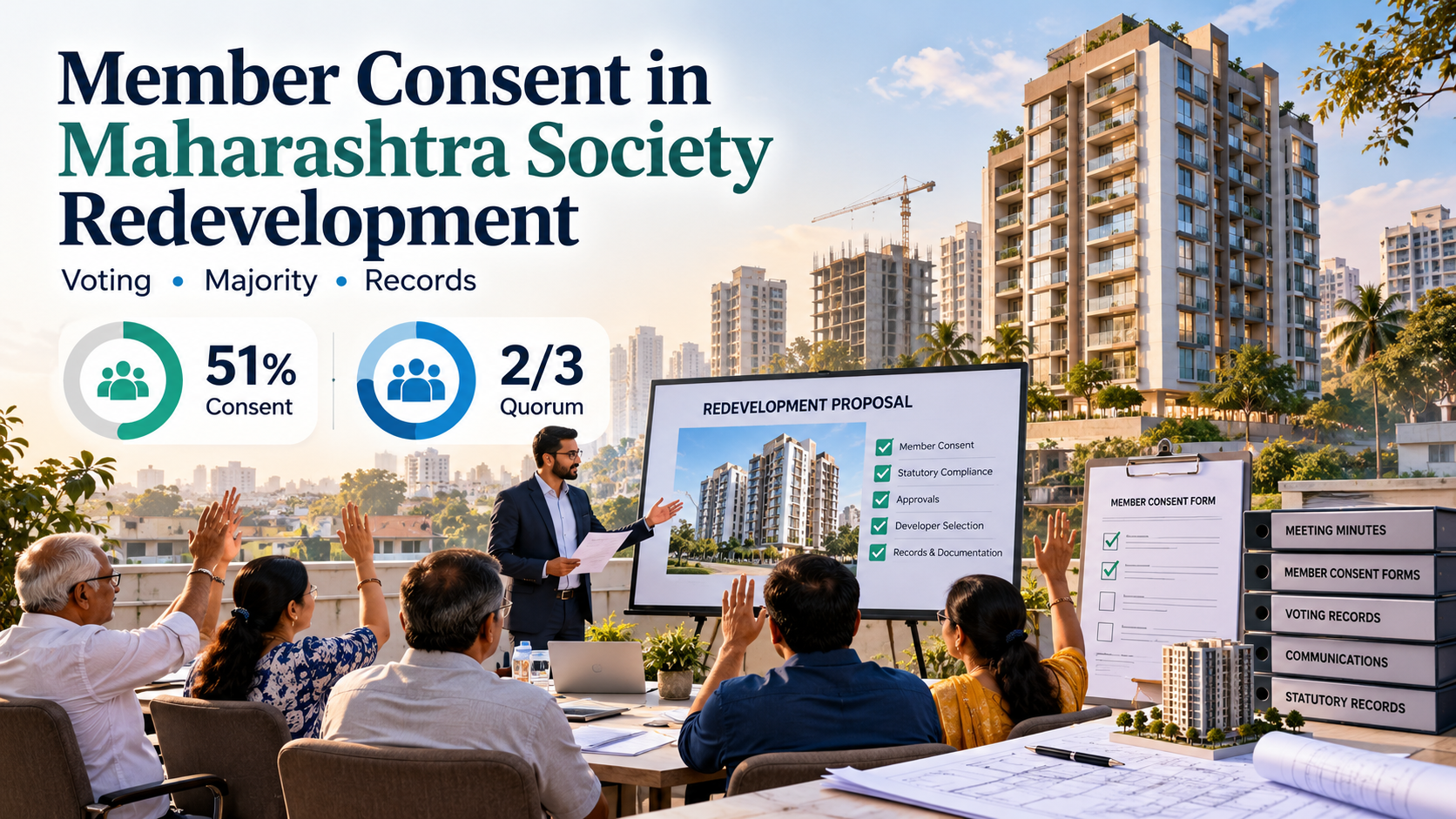 Maharashtra society redevelopment consent meeting showing voting, quorum and records