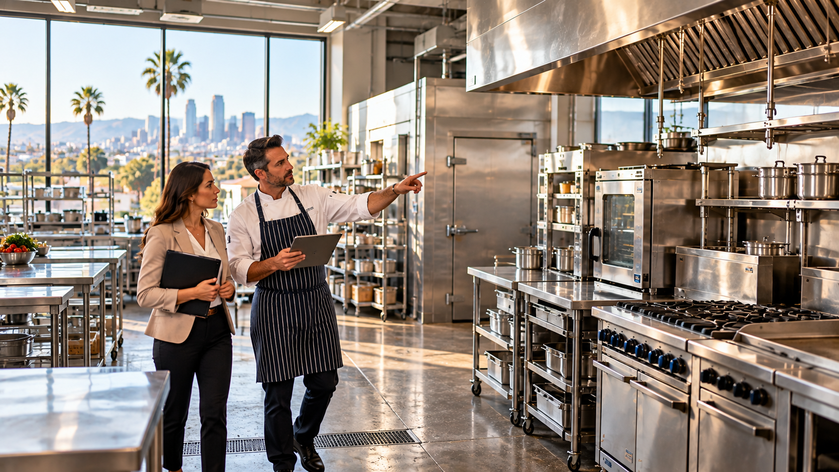 Buyer inspecting a fully equipped commercial kitchen in California before purchase